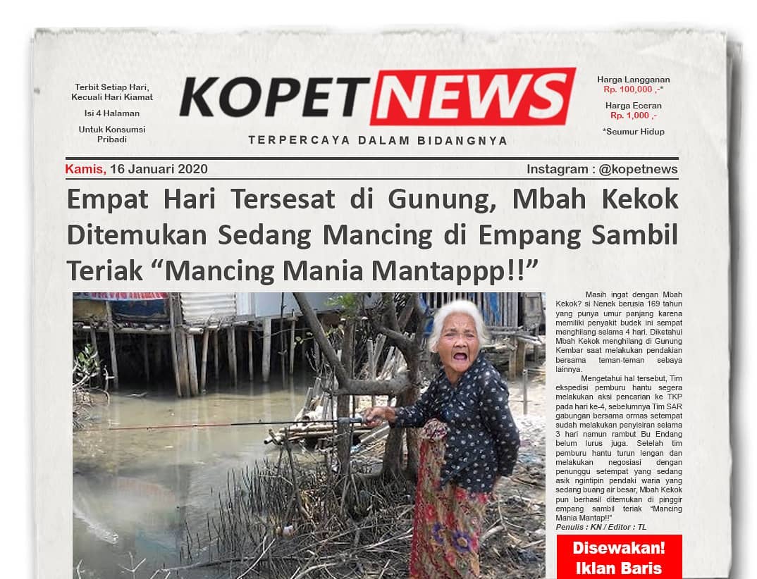 Empat Hari Tersesat di Gunung, Mbah Kekok Ditemukan Sedang Mancing di Empang Sambil Teriak “Mancing Mania Mantappp!!”