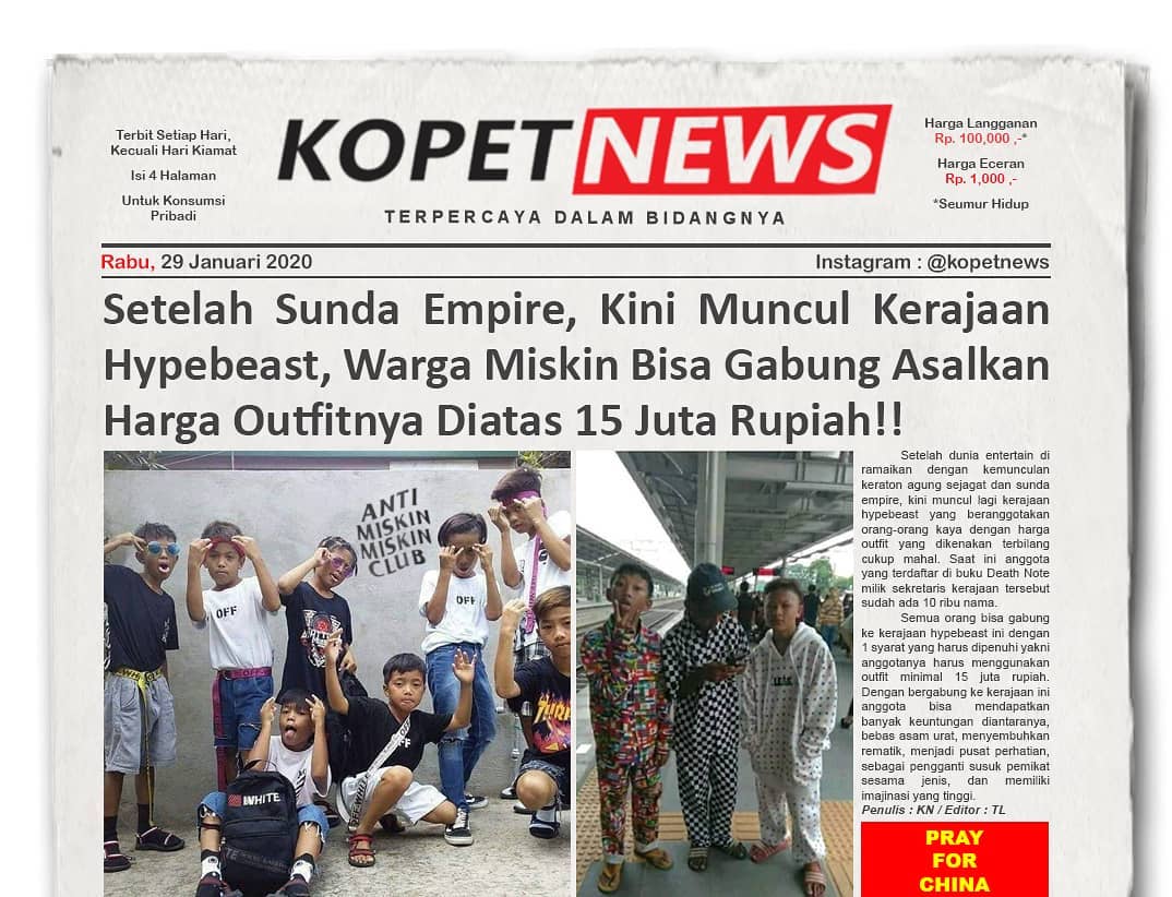 Setelah Sunda Empire, Kini Muncul Kerajaan Hypebeast, Warga Miskin Bisa Gabung Asalkan Harga Outfitnya Diatas 15 Juta Rupiah!!