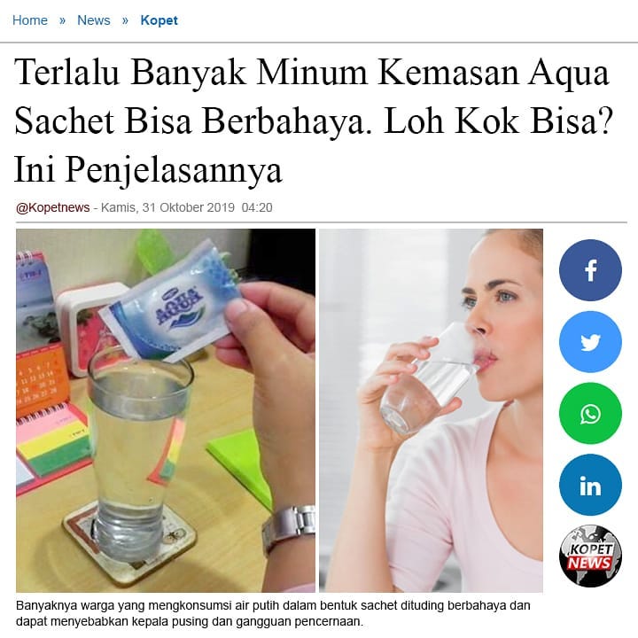 Terlalu Banyak Minum Kemasan Aqua Sachet Bisa Berbahaya. Loh Kok Bisa? Ini Penjelasannya