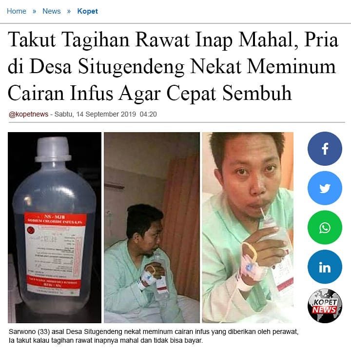 Takut Tagihan Rawat Inap Mahal, Pria di Desa Situgeng Nekat Meminum Cairan Infus Agar Cepat Sembuh