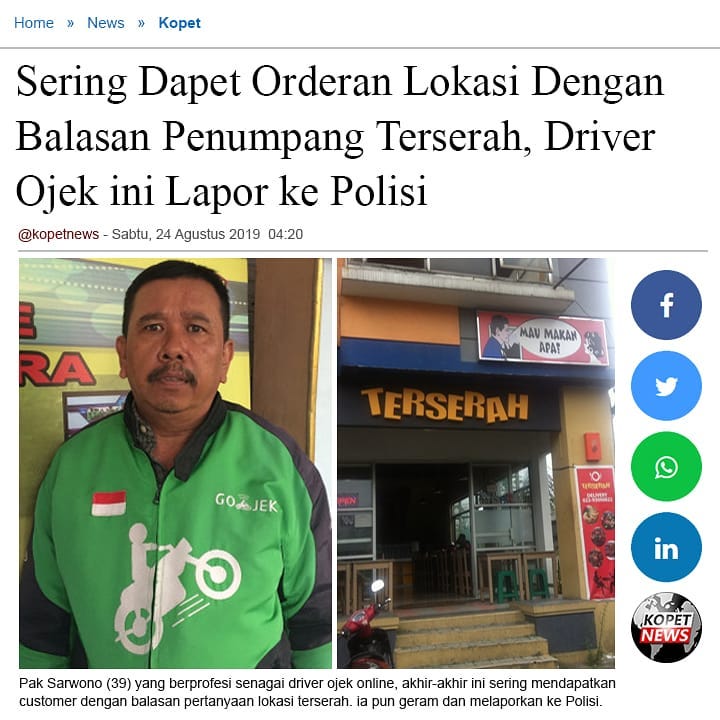 Sering Dapet Orderan Lokasi Dengan Balasan Penumpang Terserah, Driver Ojek ini Lapor ke Polisi