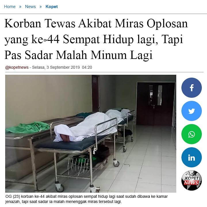 Korban Tewas Akibat Miras Oplosan yang Ke-44 Sempet Hidup Lagi, Tapi Pas Sadar Malah Minum Lagi