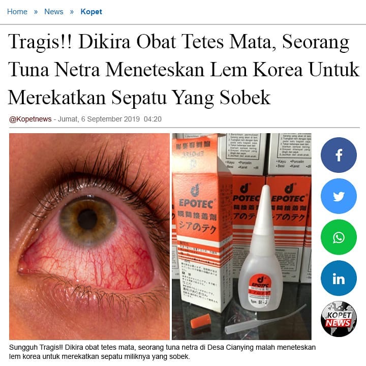 Tragis!! Dikira Obat Tetes Mata, Seorang Tuna Netra Meneteskan Lem Korea Untuk Merekatkan Sepatu Yang Sobek