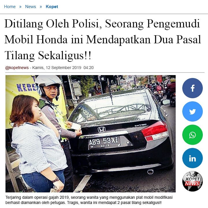 Ditilang Oleh Polisi, Seorang Pengemudi Mobil Honda ini Mendapatkan Dua Pasal Tilang Sekaligus!!