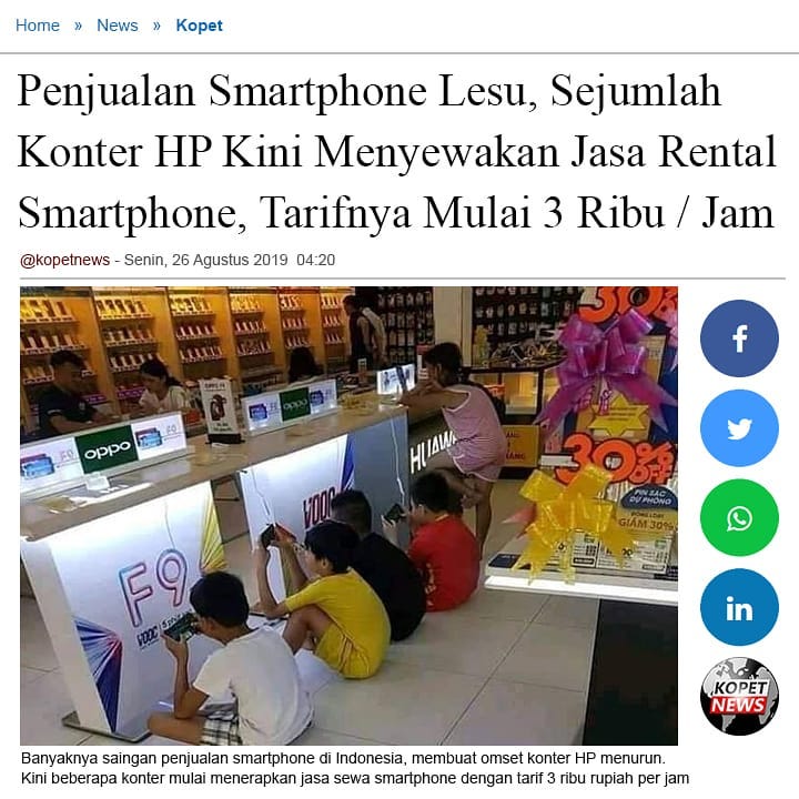 Penjualan Smartphone Lesu, Sejumlah Konter HP Kini Menyewakan Jasa Rental Smartphone, Tarifnya Mulai 3 Ribu/Jam