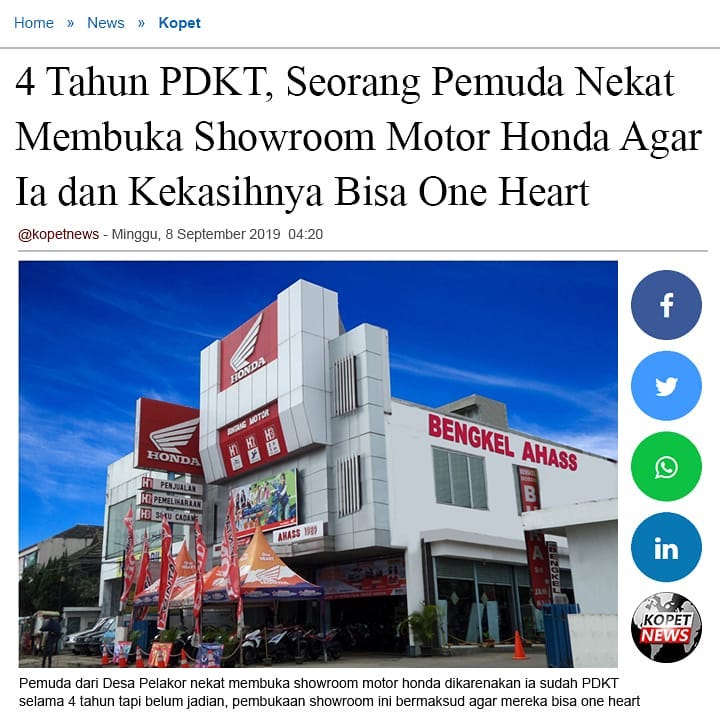 4 Tahun PDKT, Seorang Pemuda Nekat Membuka Showroom Motor Honda Agar Ia dan Kekasihnya Bisa One Heart