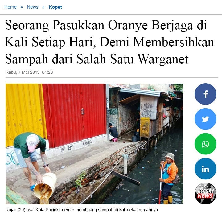 Seorang Pasukkan Oranye Berjaga di kali Setiap Hari, Demi Membersihkan Sampah dari Salah Satu Warganet